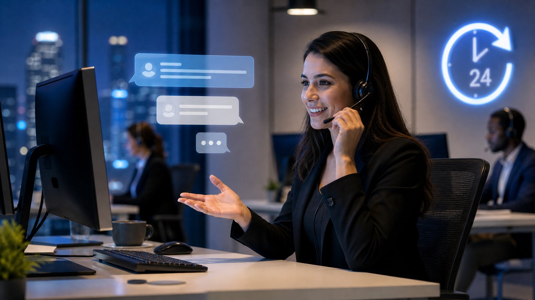 Petugas layanan pelanggan memakai headset membantu pengguna melalui obrolan langsung di kantor modern.