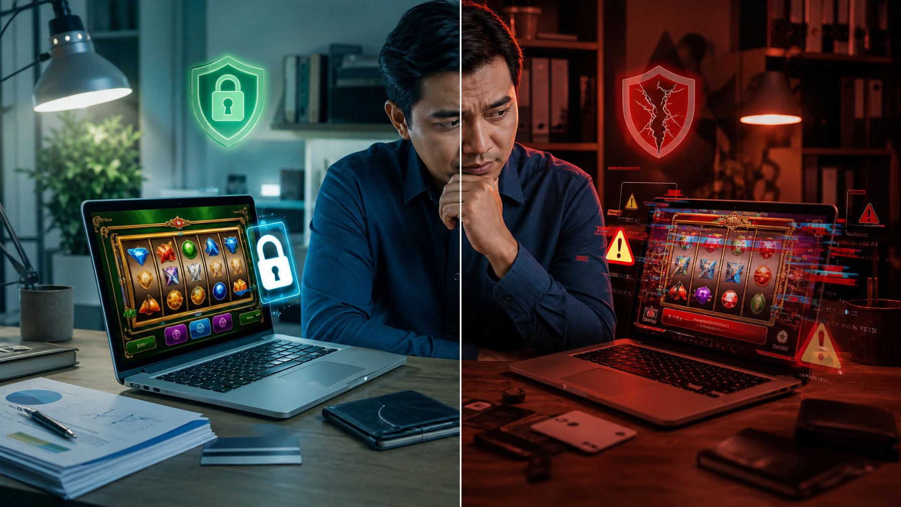 Seseorang membandingkan tampilan platform slot digital yang aman dengan situs mencurigakan di dua layar laptop.