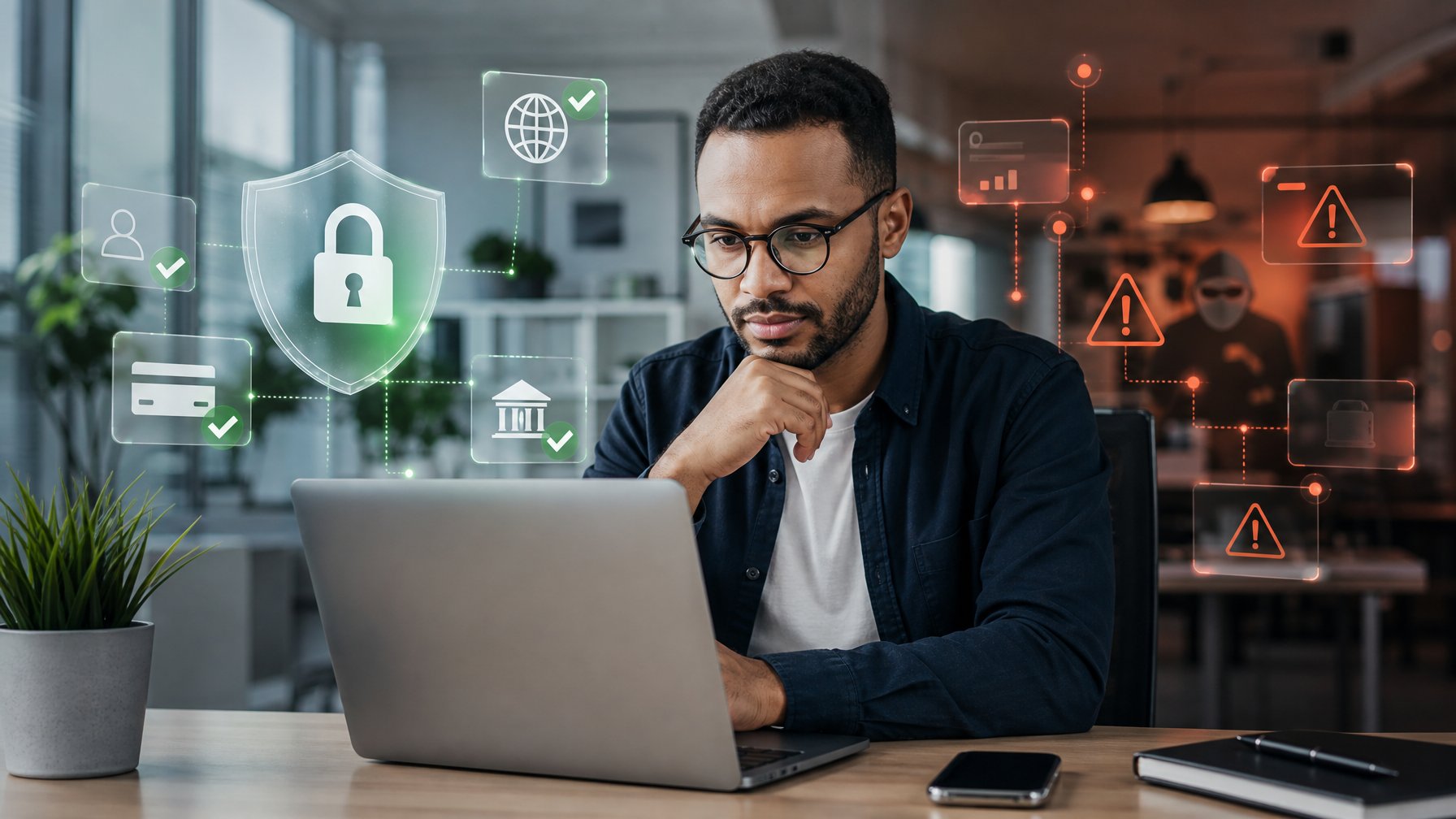 Seorang analis memeriksa keamanan platform digital dengan laptop, ponsel, ikon perisai, dan gembok.