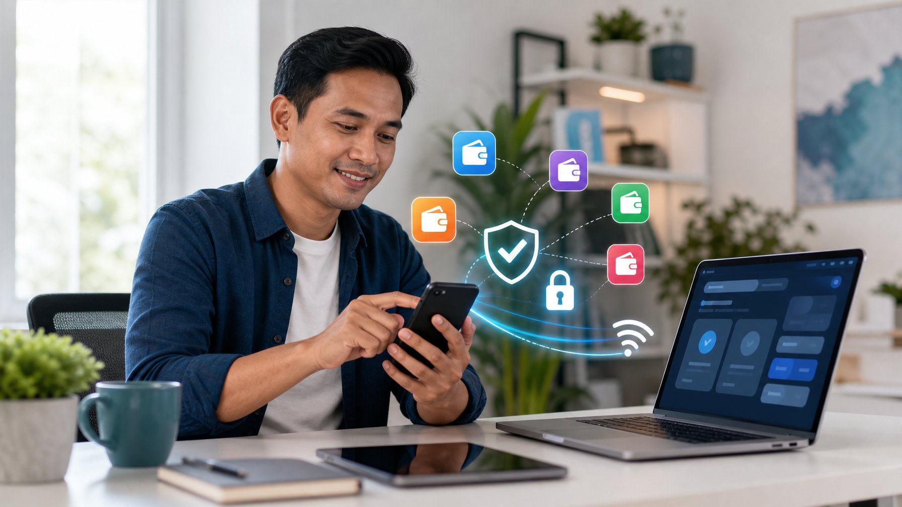 Orang dewasa menggunakan ponsel dan laptop dengan simbol pembayaran digital yang aman di ruang kerja modern.