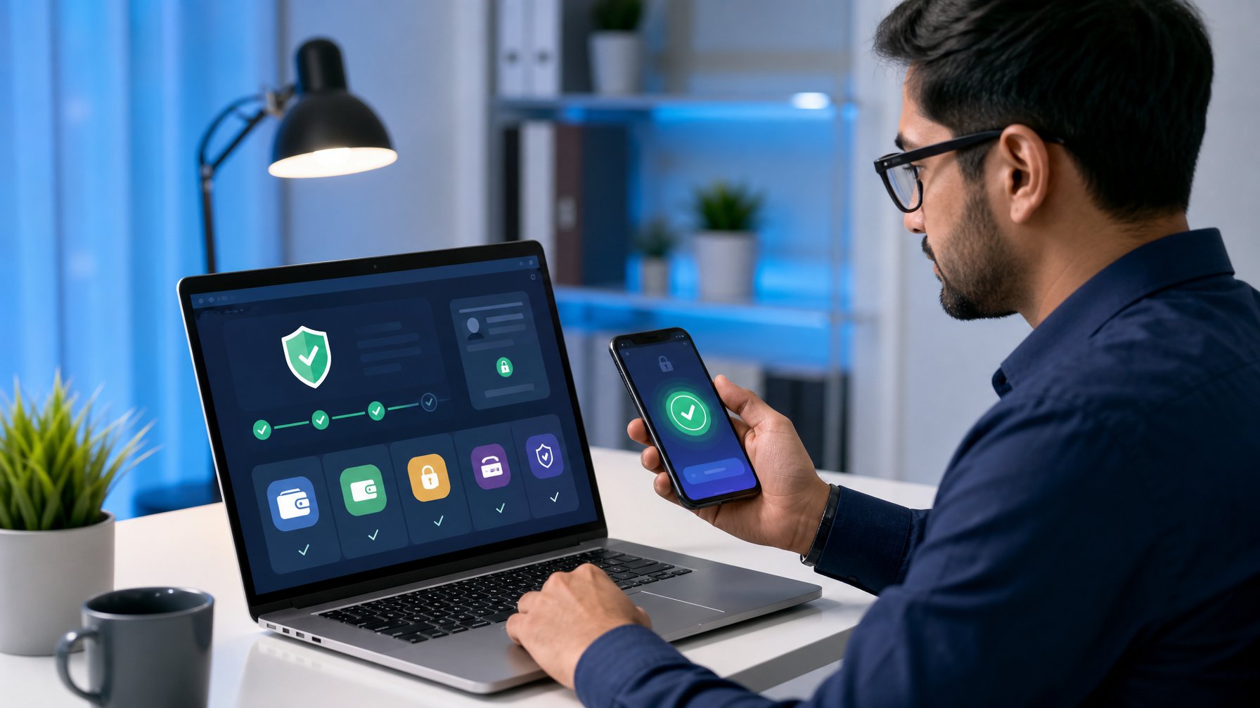 Seseorang memeriksa keamanan platform digital dan pembayaran dompet elektronik melalui laptop dan ponsel.