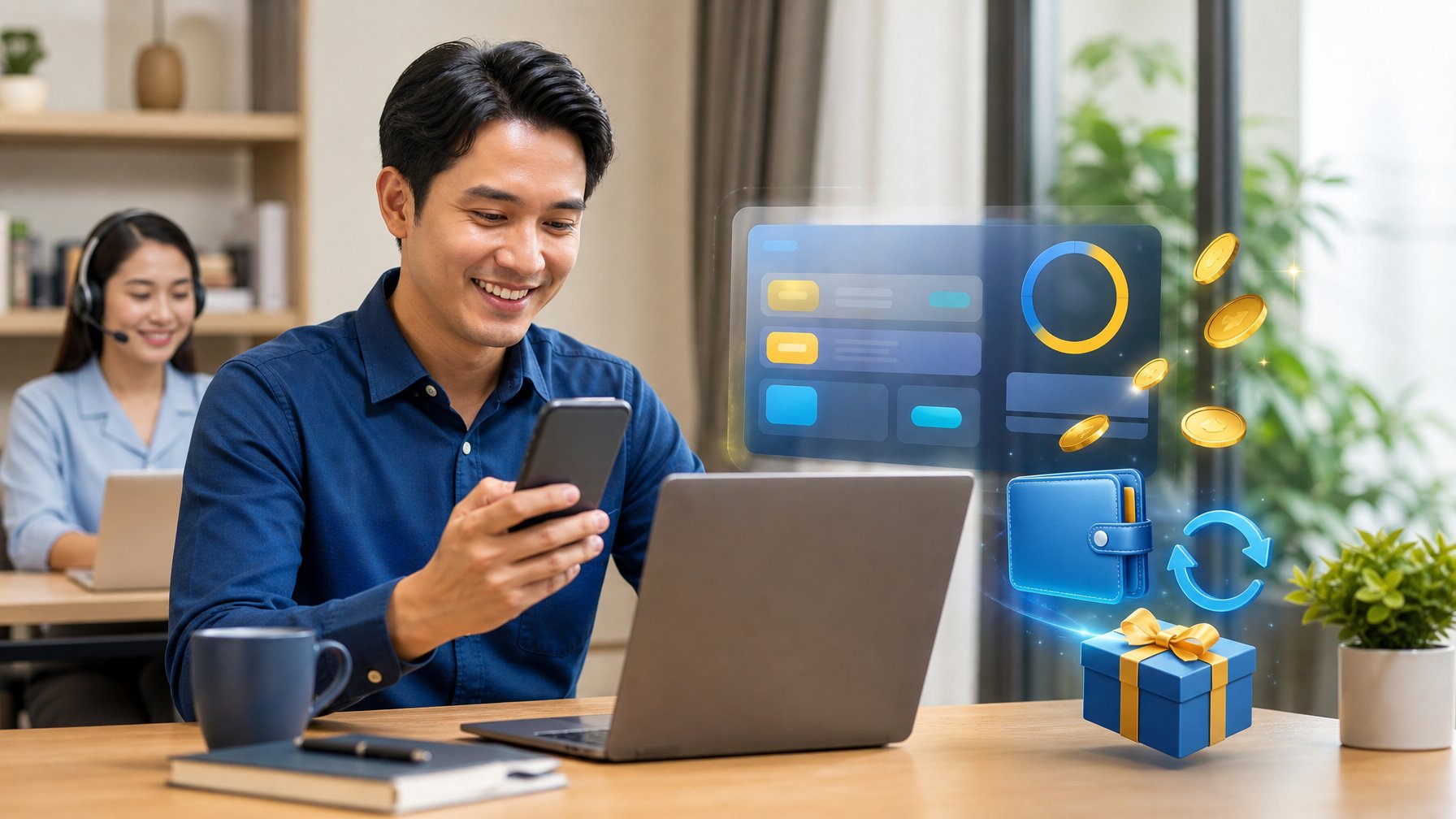 Seorang profesional menggunakan laptop dan ponsel dengan simbol dompet, hadiah, dan koin di ruang kerja modern.