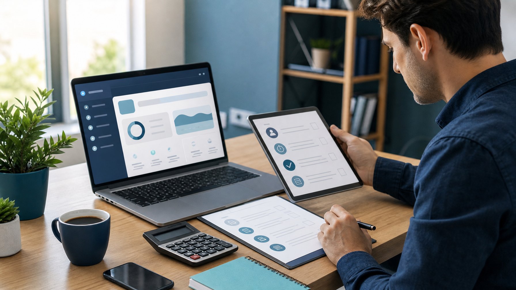 Orang dewasa memeriksa persyaratan bonus di laptop dan tablet pada meja kerja sebelum mengajukan klaim.