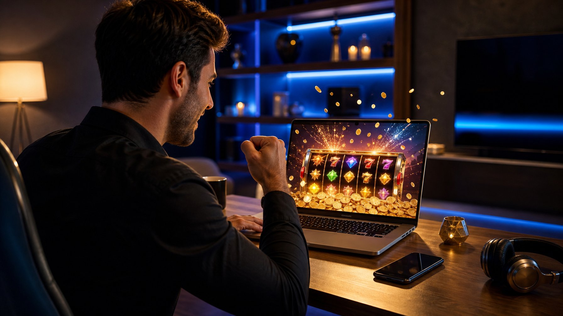 Seseorang bermain mesin slot online di laptop dalam ruangan modern dengan suasana meriah.