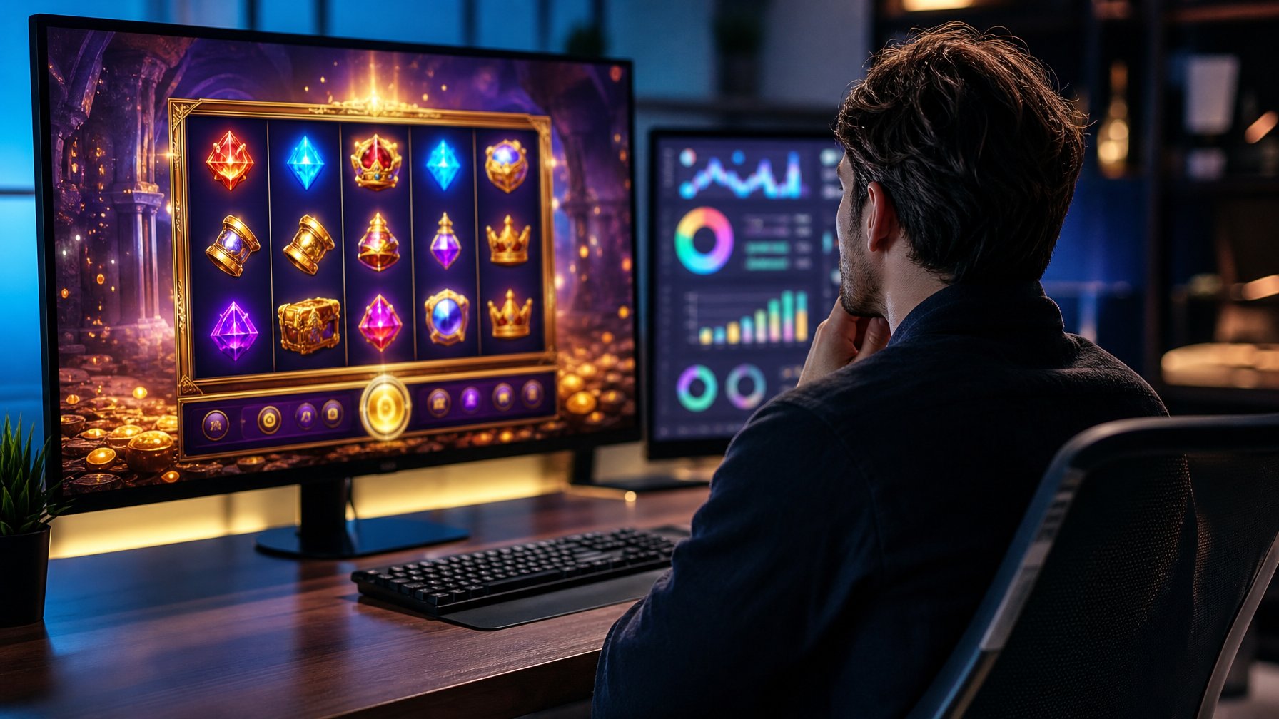 Seorang pemain dewasa mengamati permainan slot digital dan grafik data di meja modern.