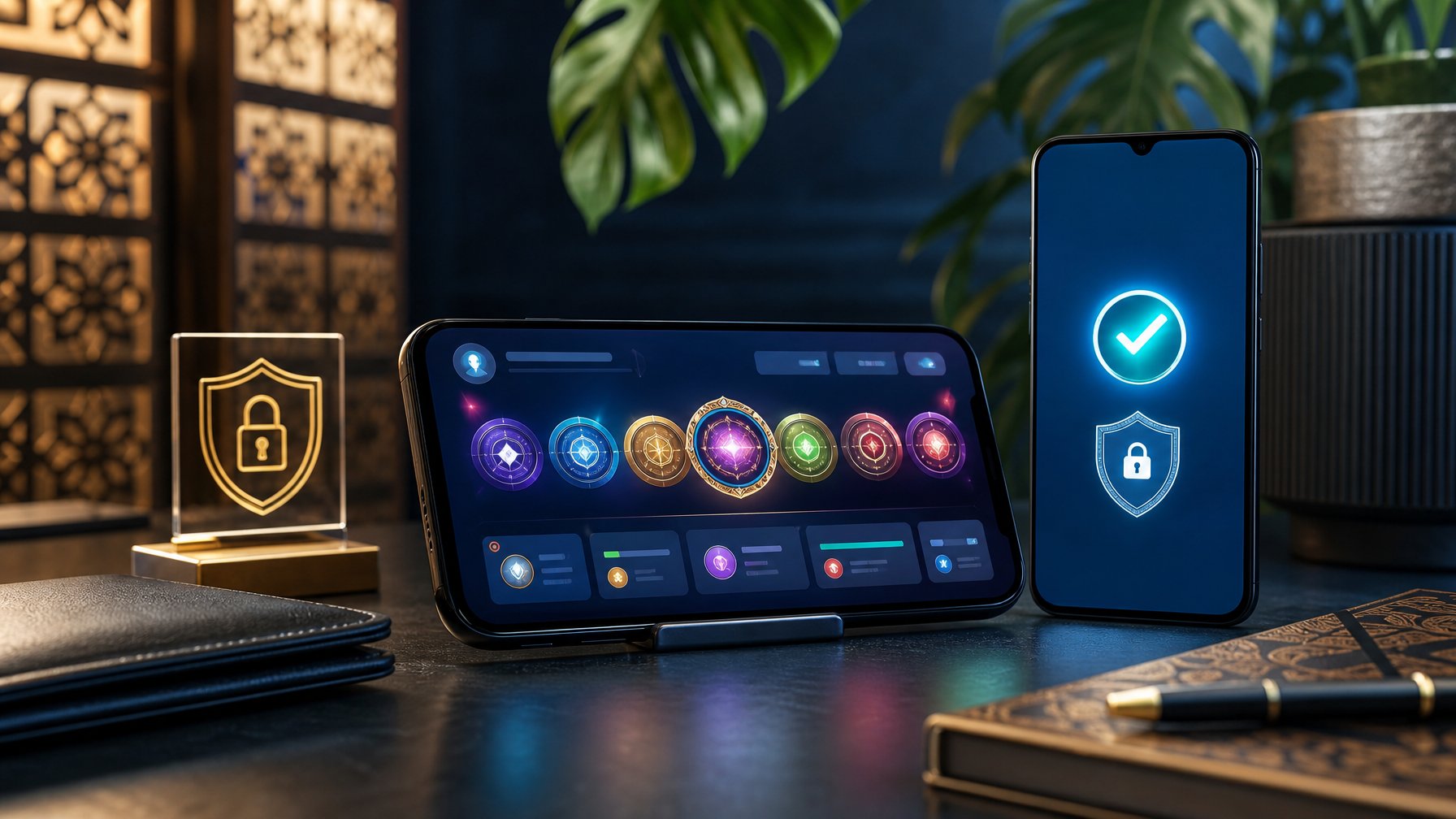 Ponsel menampilkan antarmuka permainan digital abstrak di atas meja modern dengan simbol keamanan dan pembayaran seluler.