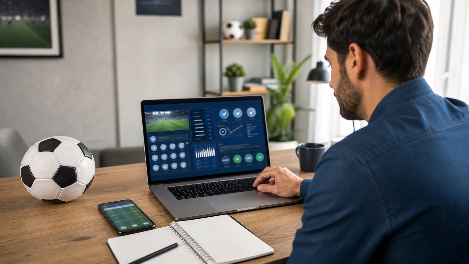 Penggemar sepak bola meneliti informasi pertandingan di laptop dalam ruang kerja modern dengan bola di atas meja.