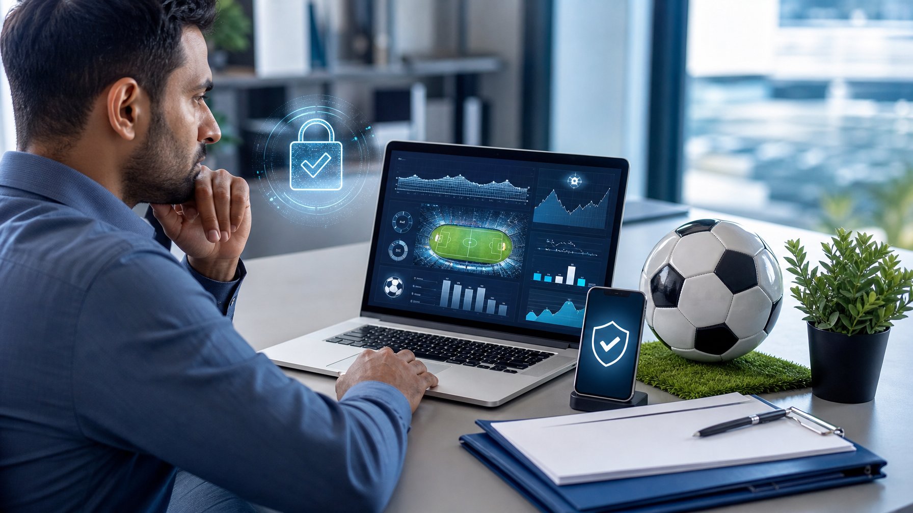 Seorang analis memeriksa informasi pertandingan sepak bola di laptop dengan simbol keamanan dan dokumen resmi di meja.