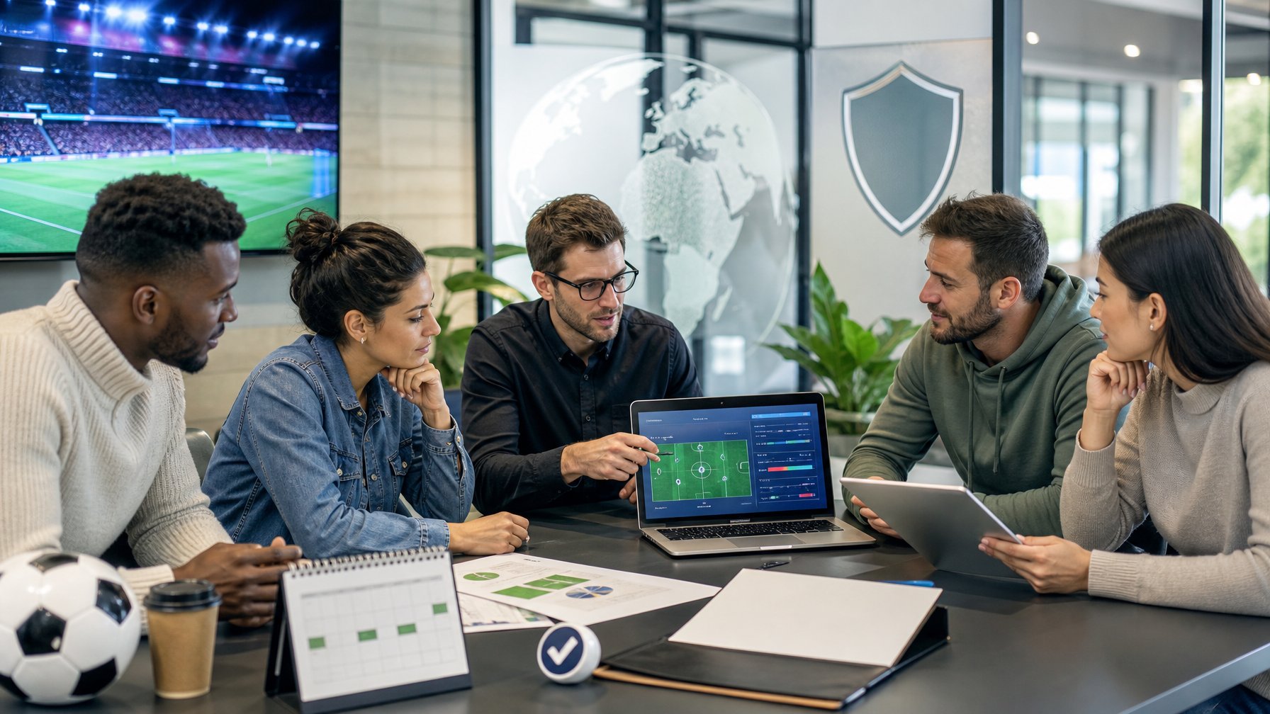 Sekelompok penggemar sepak bola dewasa menganalisis pertandingan melalui perangkat digital di ruang kerja modern dengan simbol keamanan dan koneksi global.