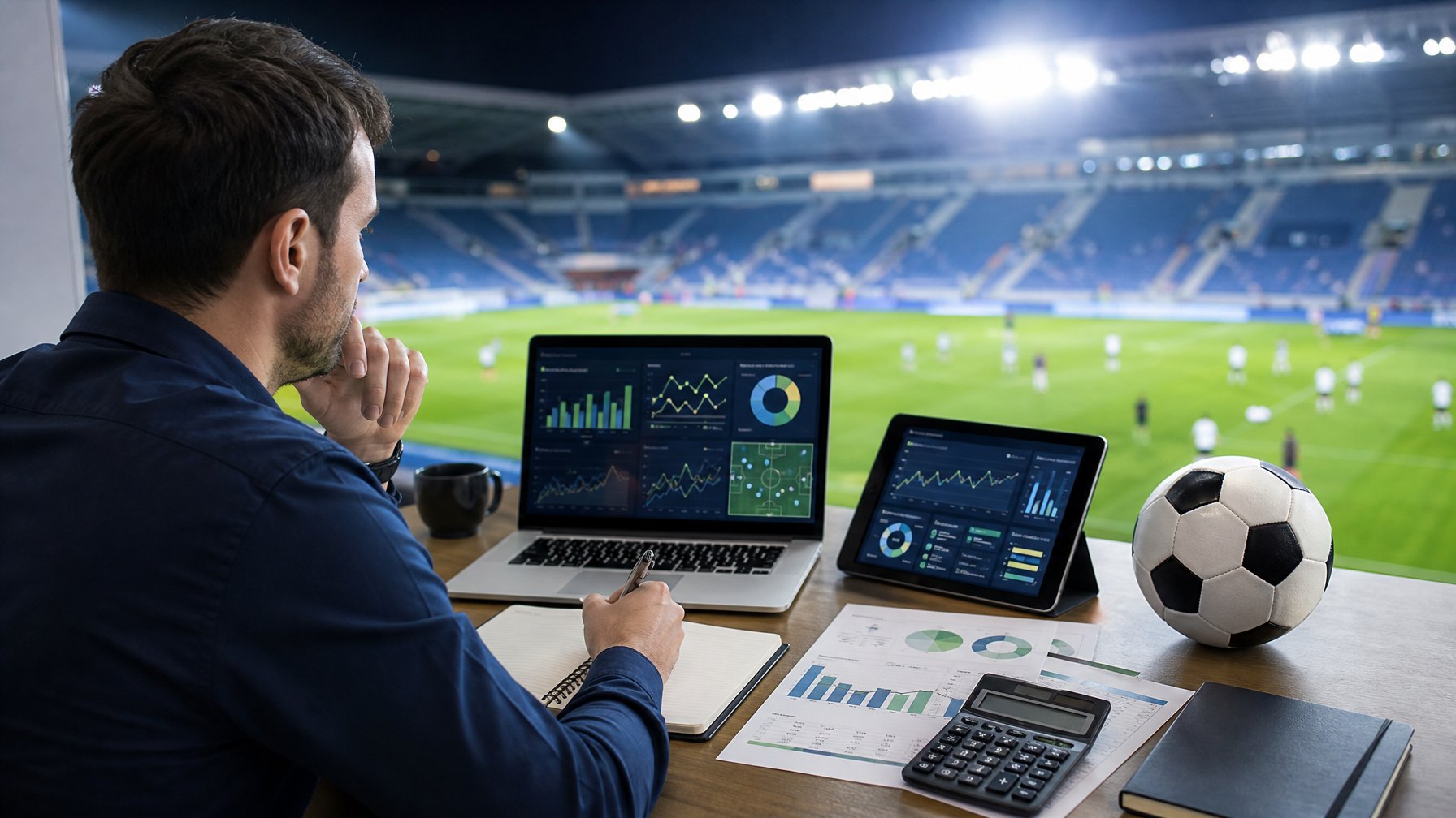 Seorang analis olahraga mempelajari statistik pertandingan sepak bola di meja kerja dengan latar belakang stadion.