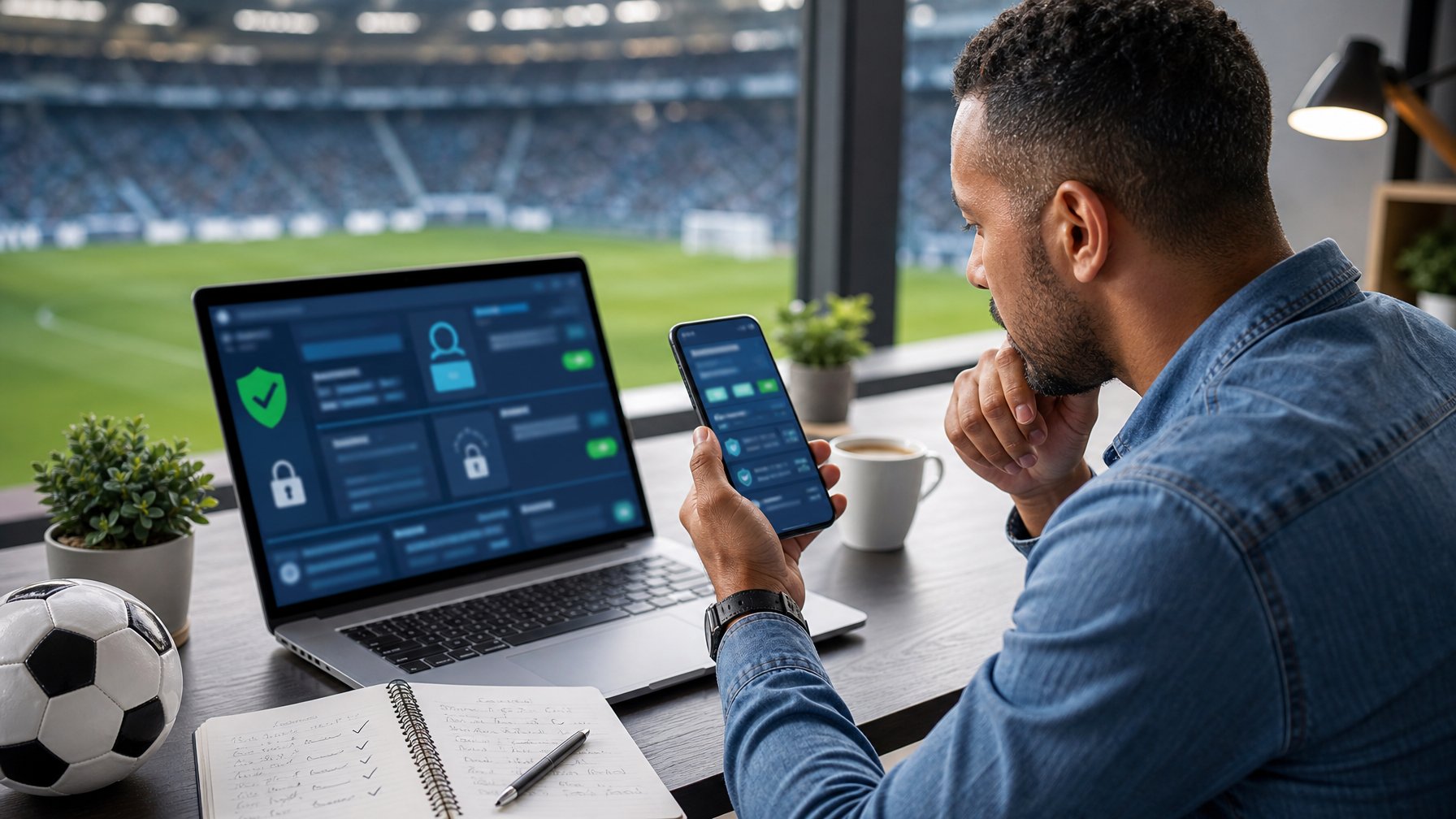 Penggemar sepak bola dewasa membandingkan platform taruhan digital yang aman di laptop dan ponsel di meja kerja.