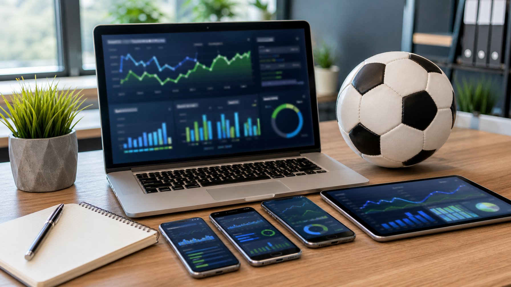 Meja kerja modern dengan laptop, ponsel, tablet, grafik abstrak, dan bola sepak untuk menggambarkan analisis peluang pertandingan.
