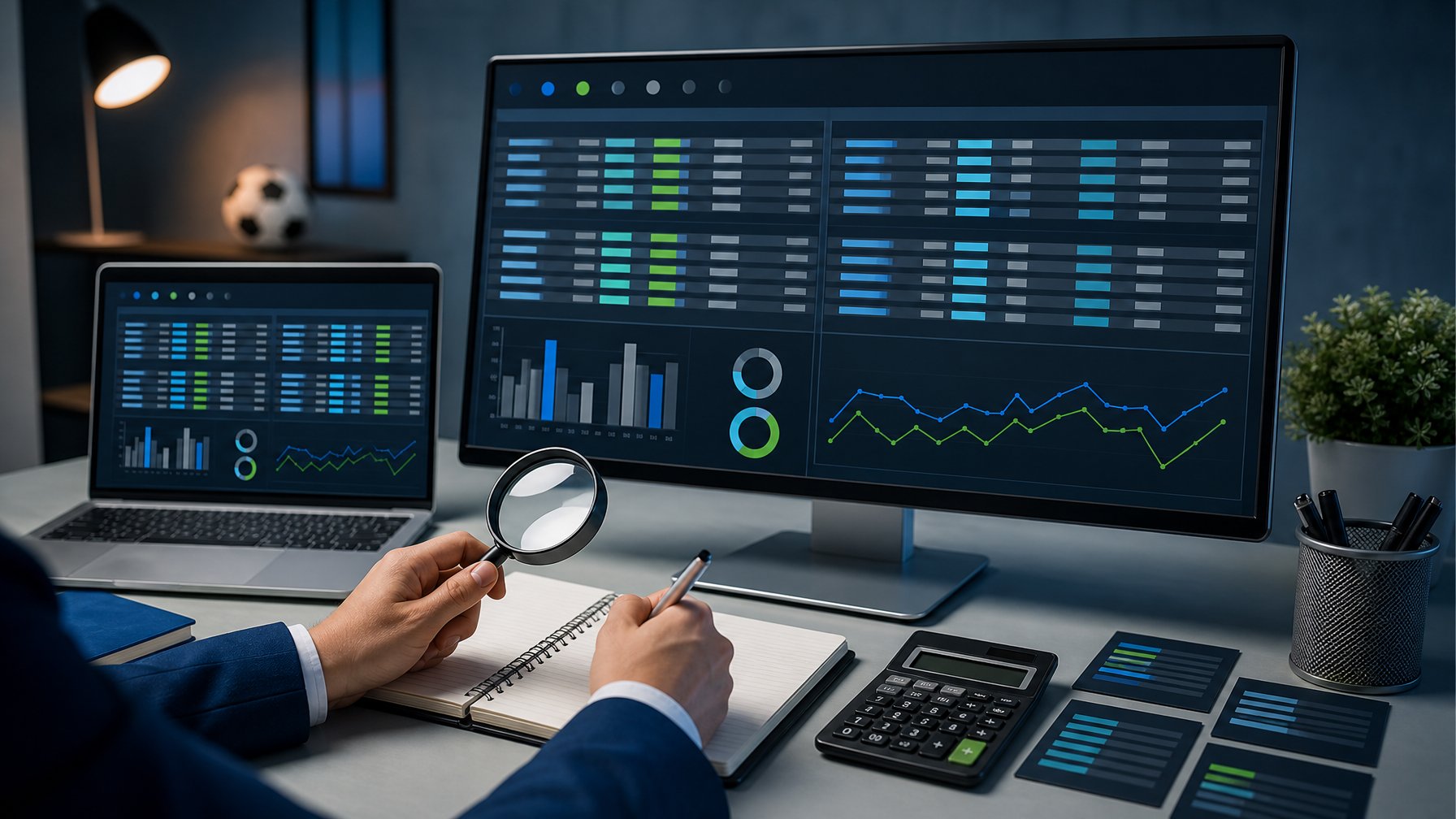 Tangan analis membandingkan data odds sepak bola dari beberapa sumber pada meja kerja modern.