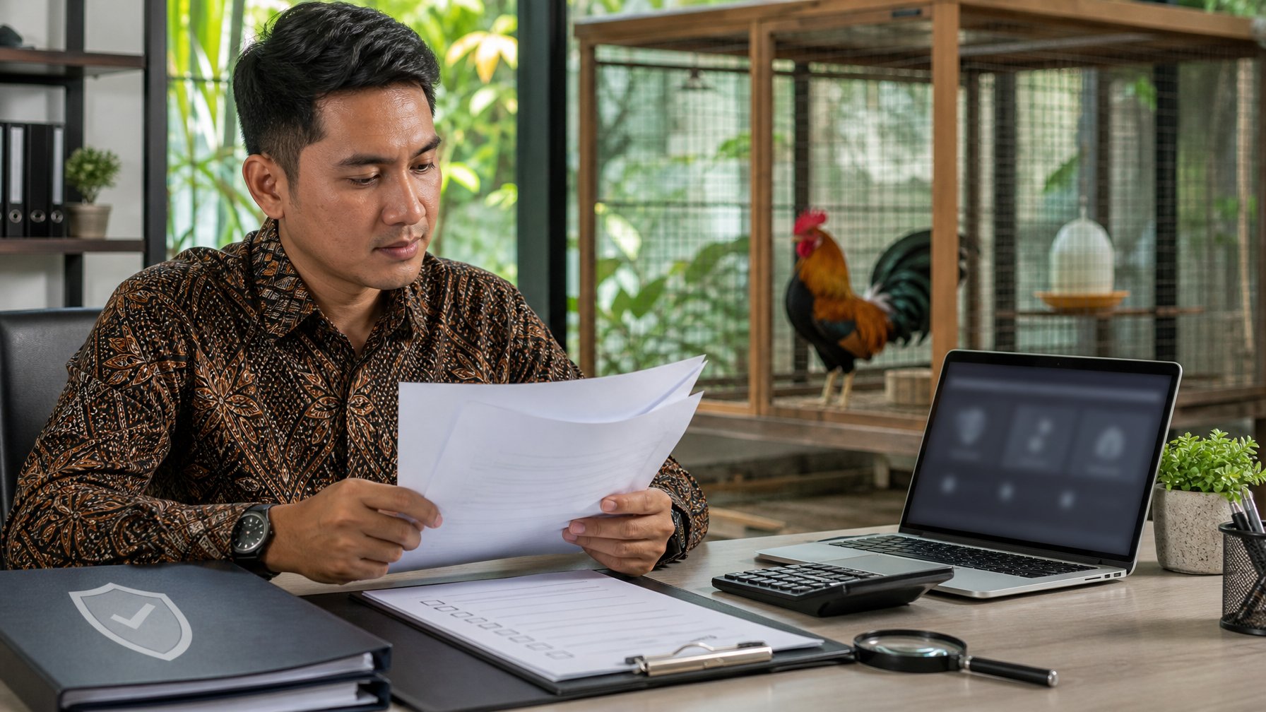 Seseorang meninjau dokumen hukum dan keuangan di meja, sementara ayam sehat terlihat di kandang yang bersih dan terawat.
