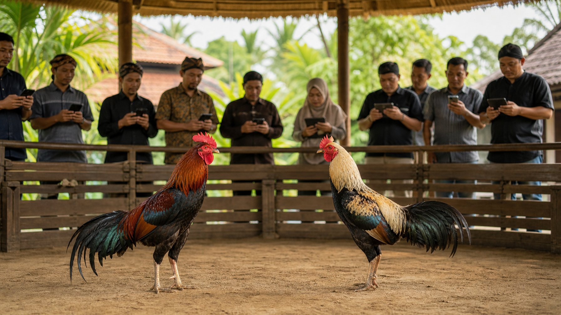 Dua ayam jantan berdiri tenang di arena tradisional dengan beberapa orang mengamati informasi melalui perangkat digital.