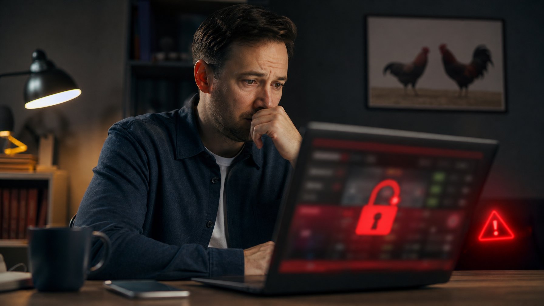 Seseorang tampak khawatir saat melihat situs taruhan daring yang tidak aman di laptop.