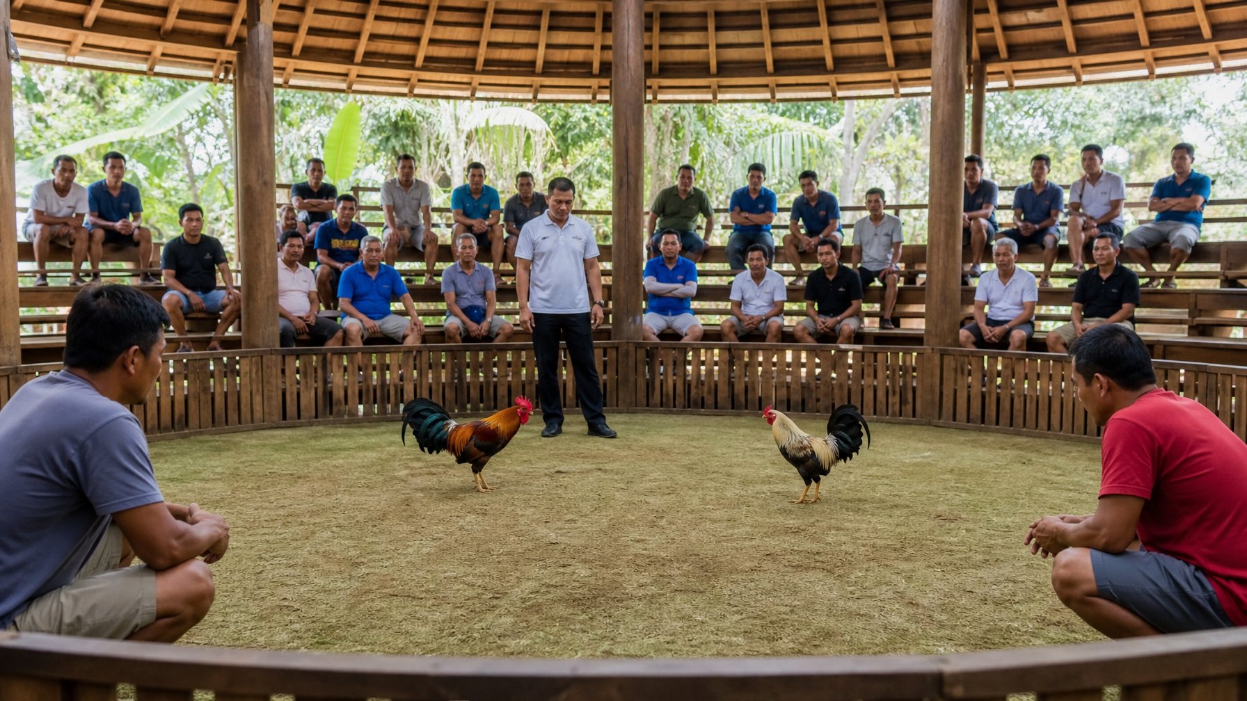 Suasana arena sabung ayam yang tertata dengan ayam, pemandu, dan penonton yang mengamati secara tertib.
