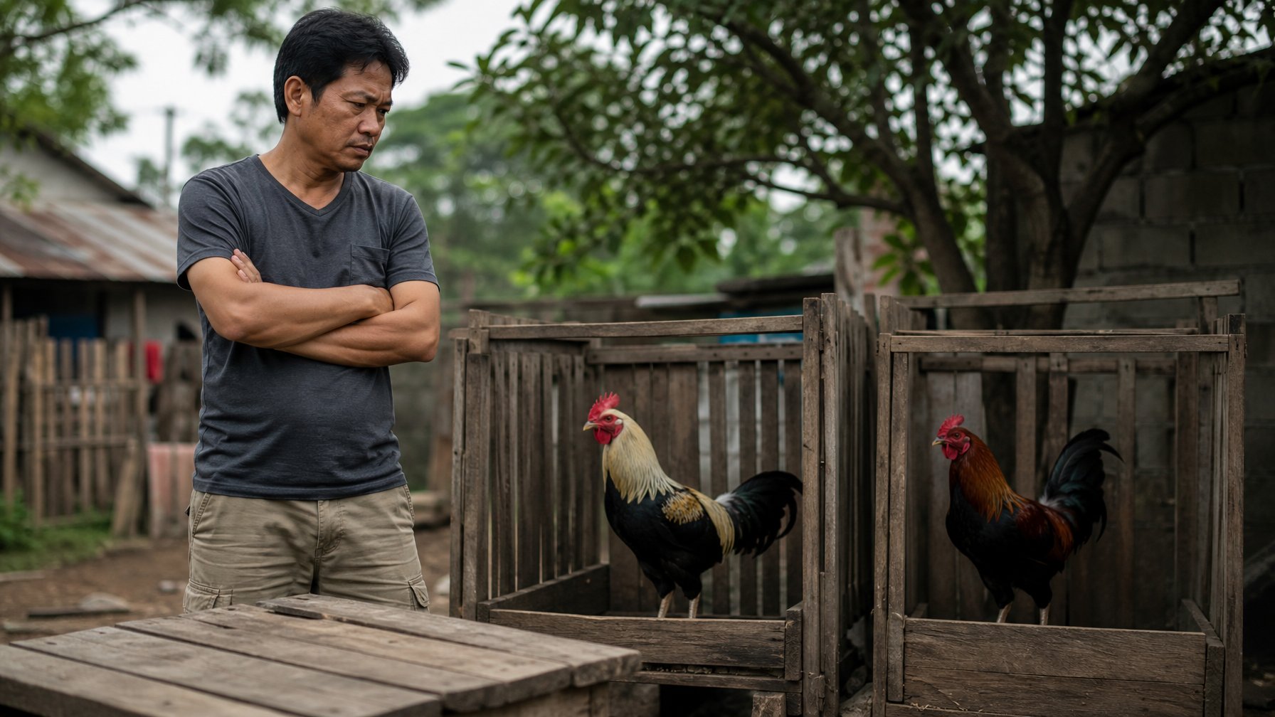 Seorang pengamat tampak prihatin di dekat dua ayam jantan yang dipisahkan dalam kandang sederhana.