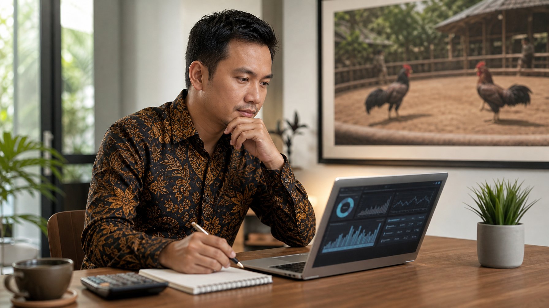 Seorang pria menganalisis data di laptop dengan latar suasana arena ayam tradisional yang samar.