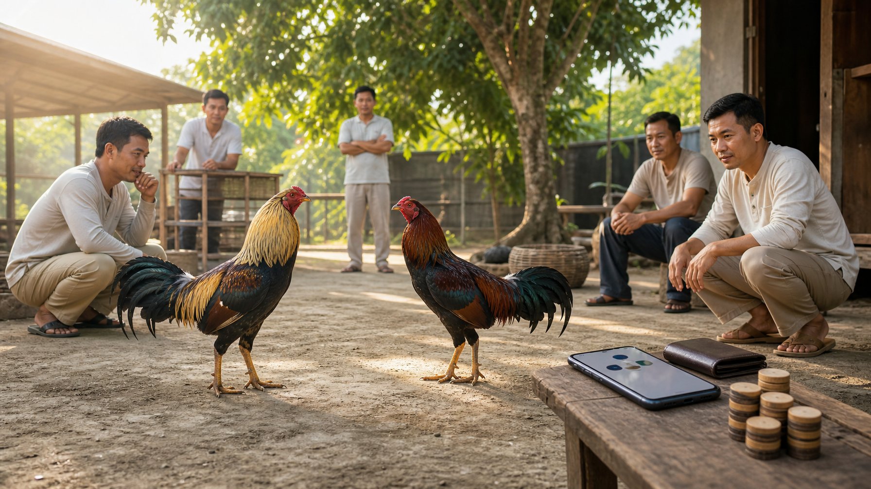 Dua ayam jantan sehat berada di halaman bersih dengan beberapa orang mengamati dari jarak aman.