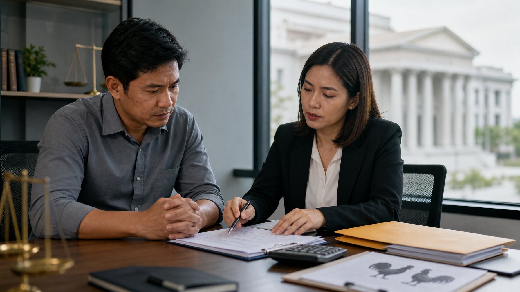 Seorang penasihat hukum membahas dokumen risiko perjudian dengan klien di kantor.