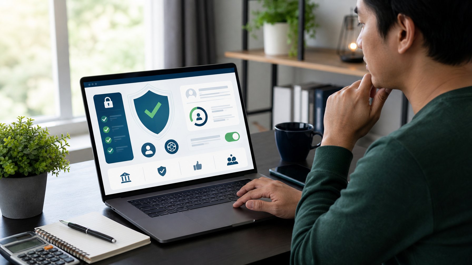 Seseorang memeriksa keamanan dan kredibilitas platform taruhan melalui laptop di meja kerja.