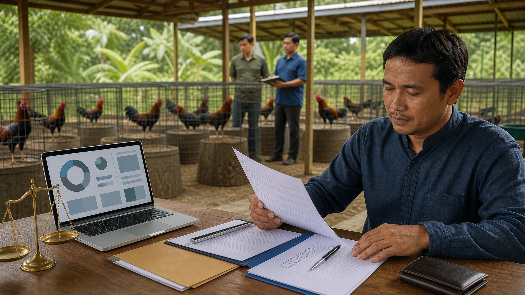 Seorang pria meninjau dokumen risiko di meja dengan kandang ayam yang tertata di latar belakang.
