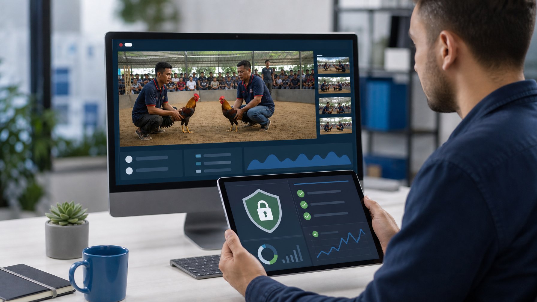 Seorang analis keamanan memeriksa platform siaran olahraga langsung dengan simbol keamanan digital di ruang kerja modern.