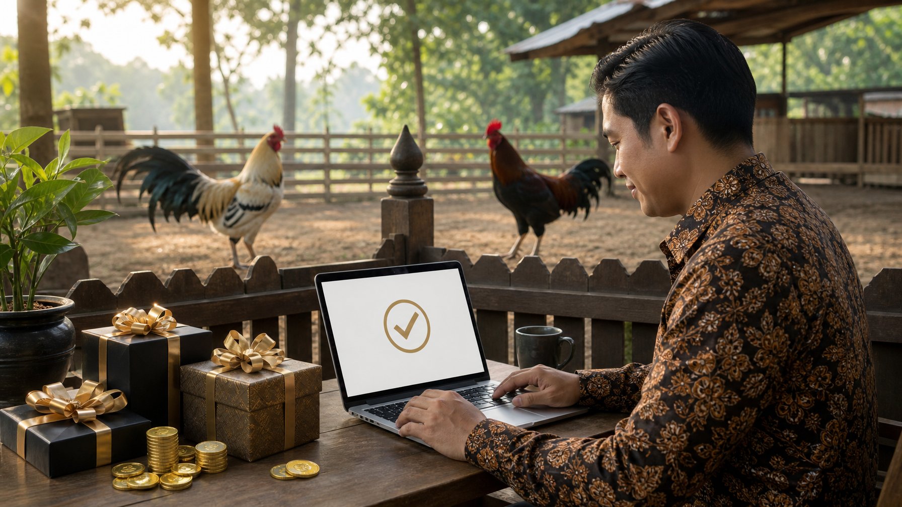 Seorang profesional meninjau konsep keanggotaan di laptop, dengan dua ayam jantan sehat dan kotak hadiah di lingkungan pedesaan yang cerah.