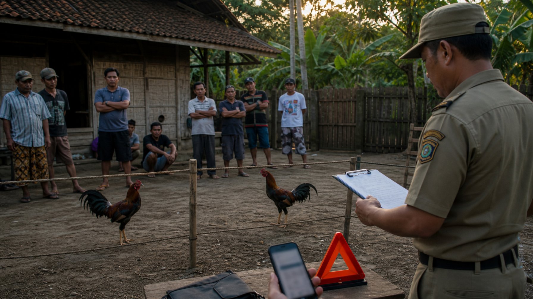 Petugas meninjau dokumen di dekat dua ayam yang dipisahkan dalam suasana pedesaan Indonesia.