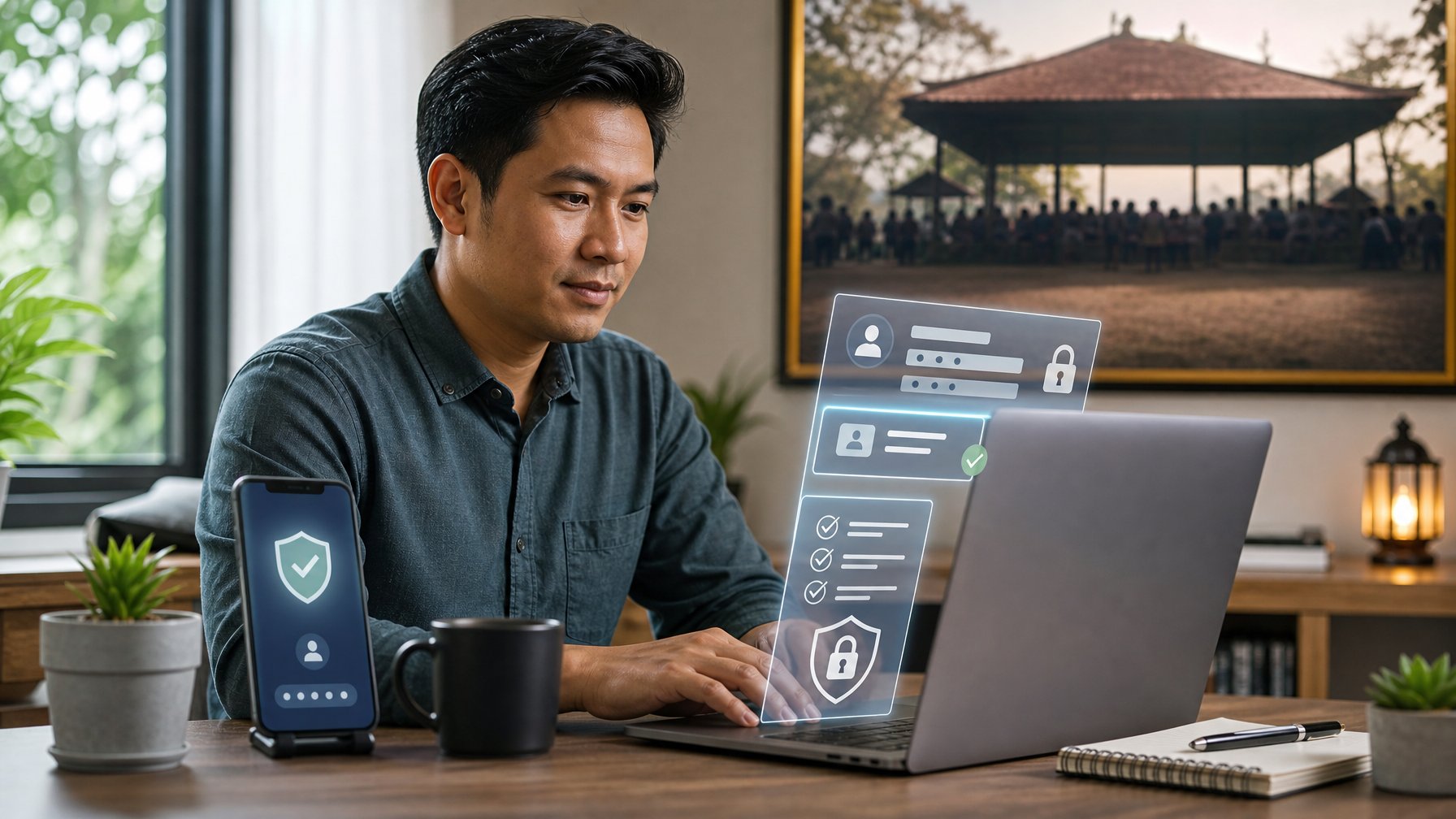 Seseorang menggunakan laptop untuk mendaftarkan akun secara daring di ruang kerja modern dengan simbol keamanan digital.