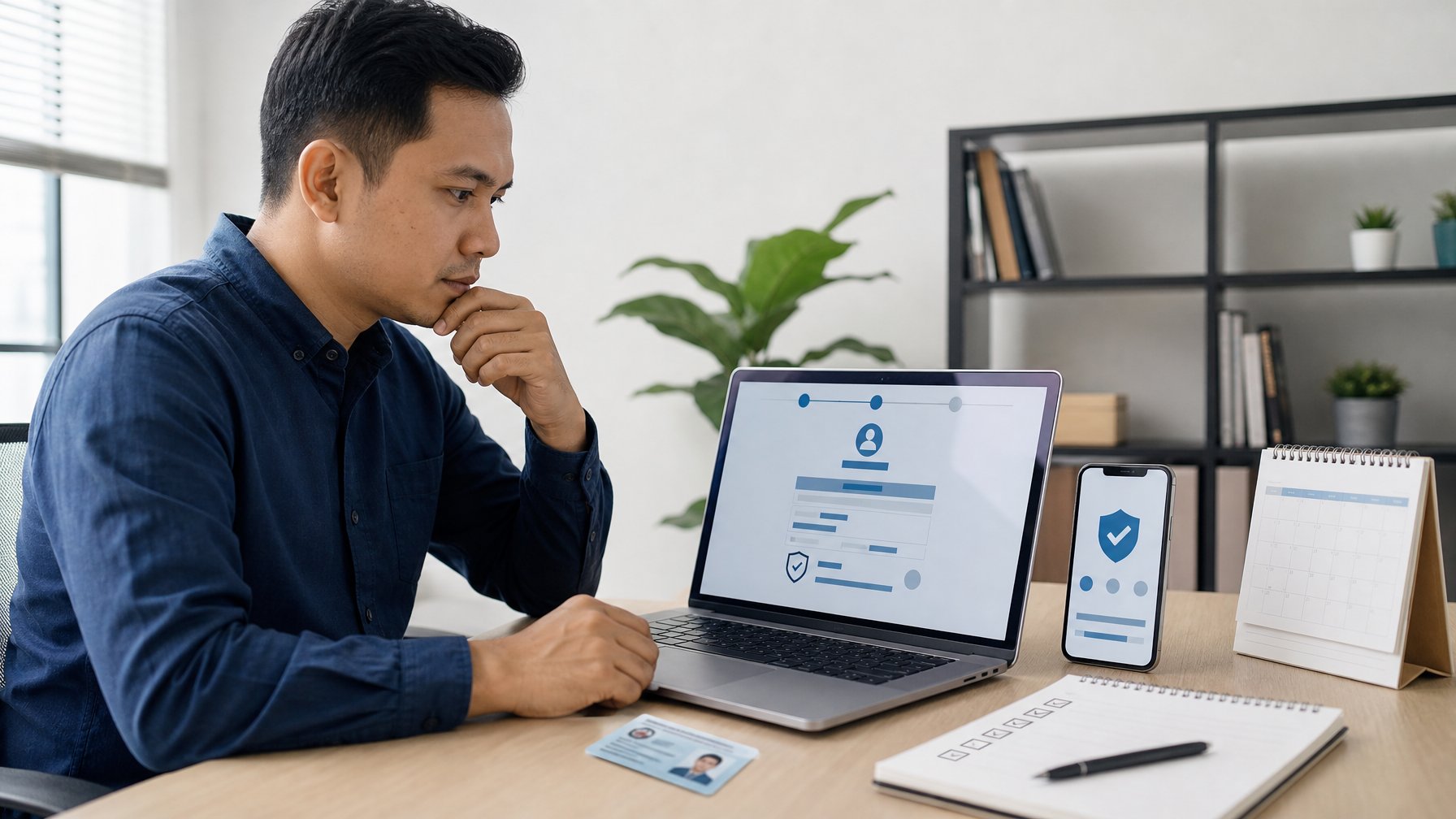 Orang dewasa memeriksa proses verifikasi akun daring di laptop dengan kartu identitas dan catatan pemeriksaan di meja.
