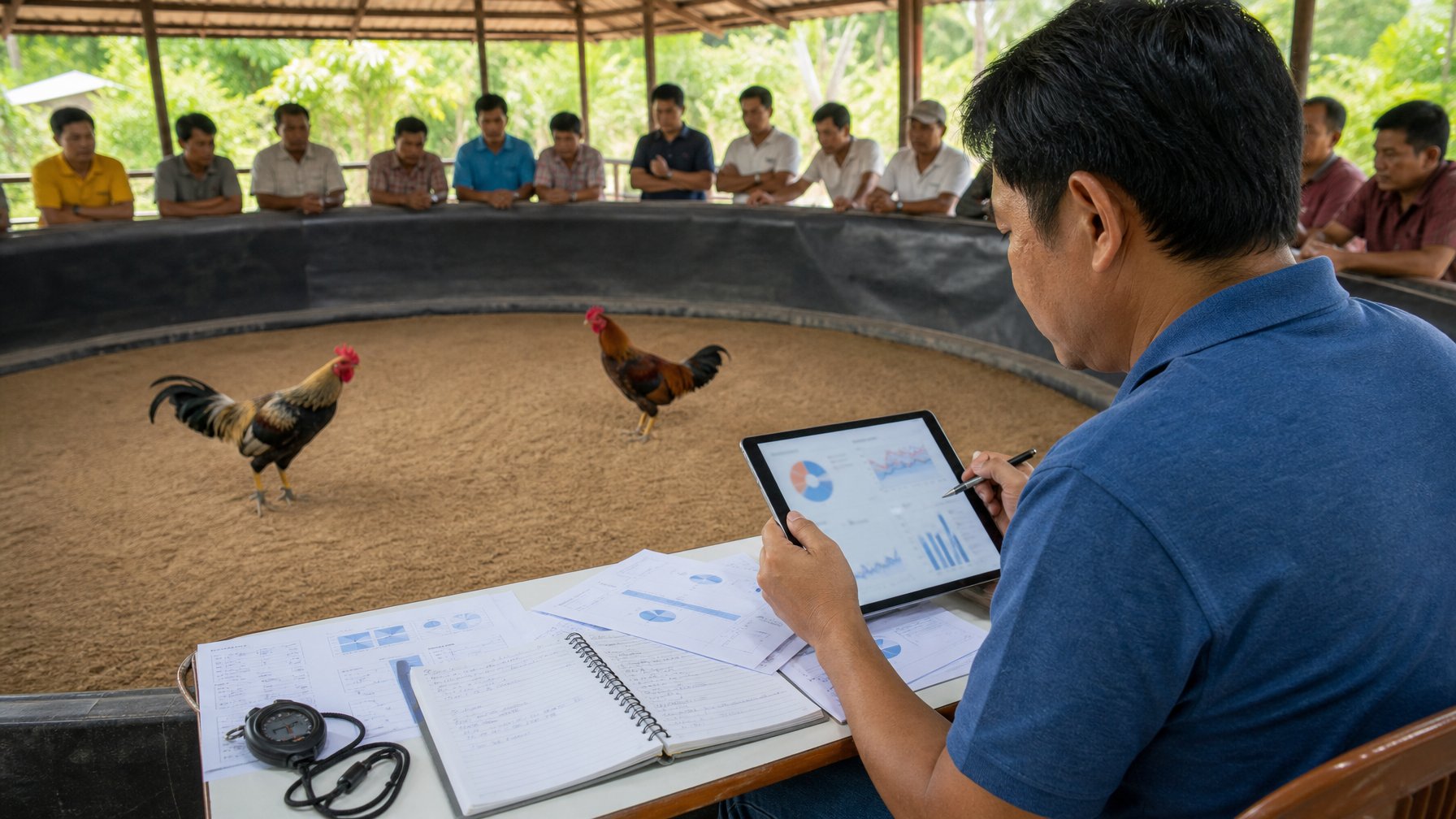 Seorang analis mengamati data dan dua ayam jantan di arena sabung ayam.