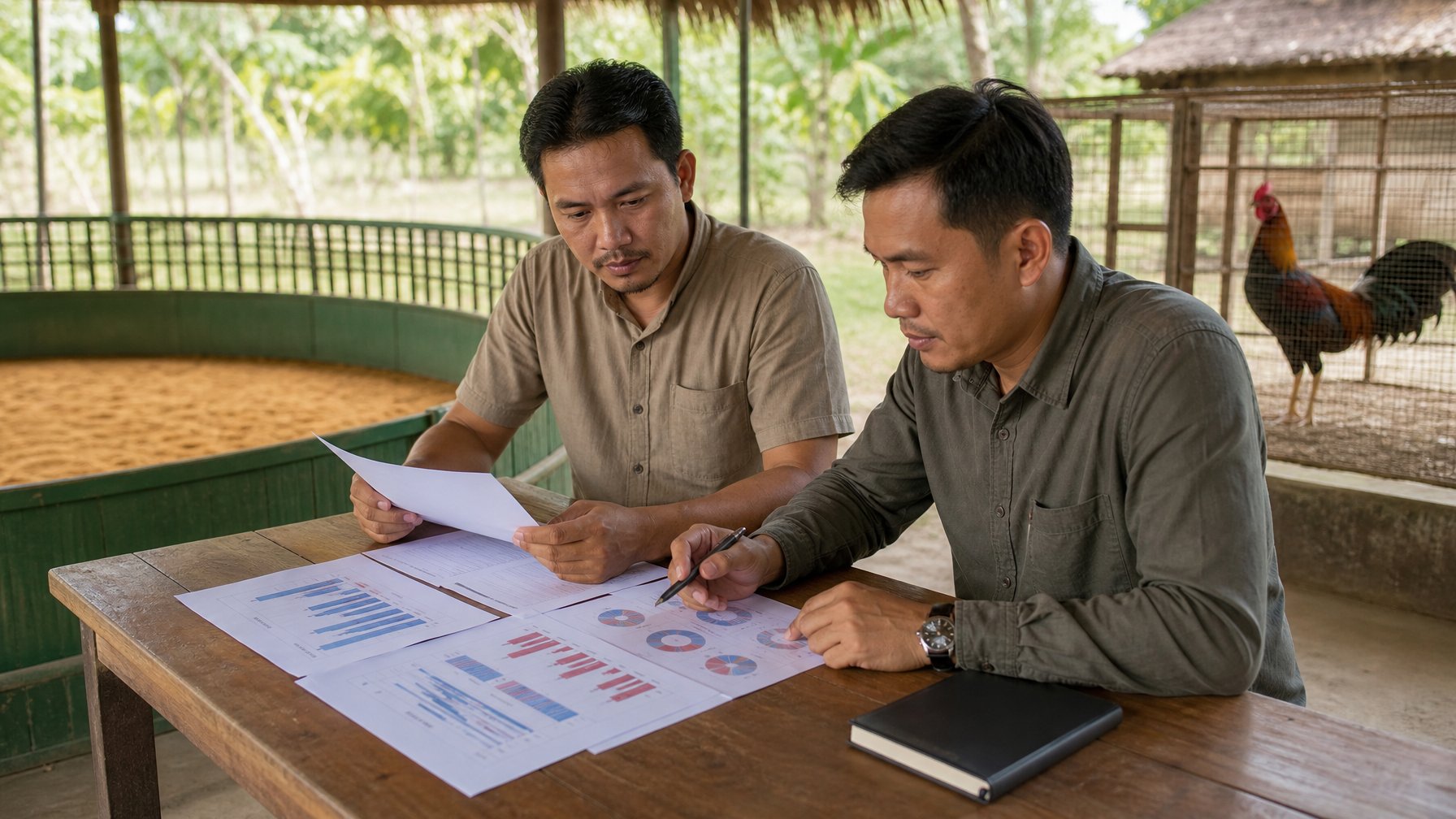 Dua analis meninjau data pertandingan di meja dekat kandang ayam jantan yang terawat.
