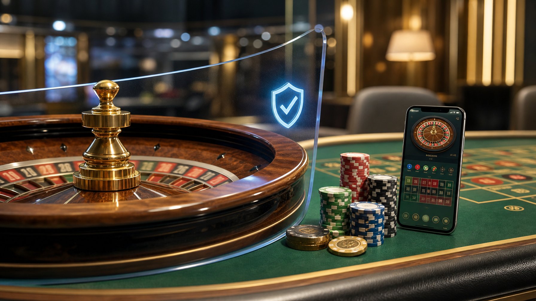 Meja roulette elegan dengan roda roulette, tumpukan chip, dan ponsel yang menampilkan antarmuka kasino abstrak.