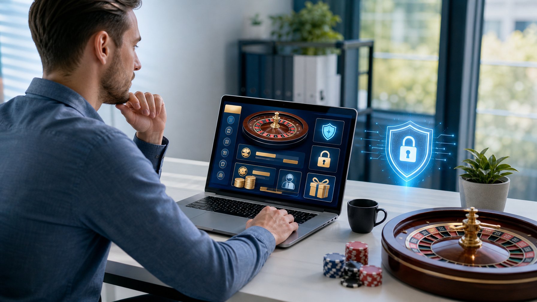 Seseorang menilai situs roulette daring di laptop dengan simbol keamanan, roda roulette, dan keping kasino di meja.