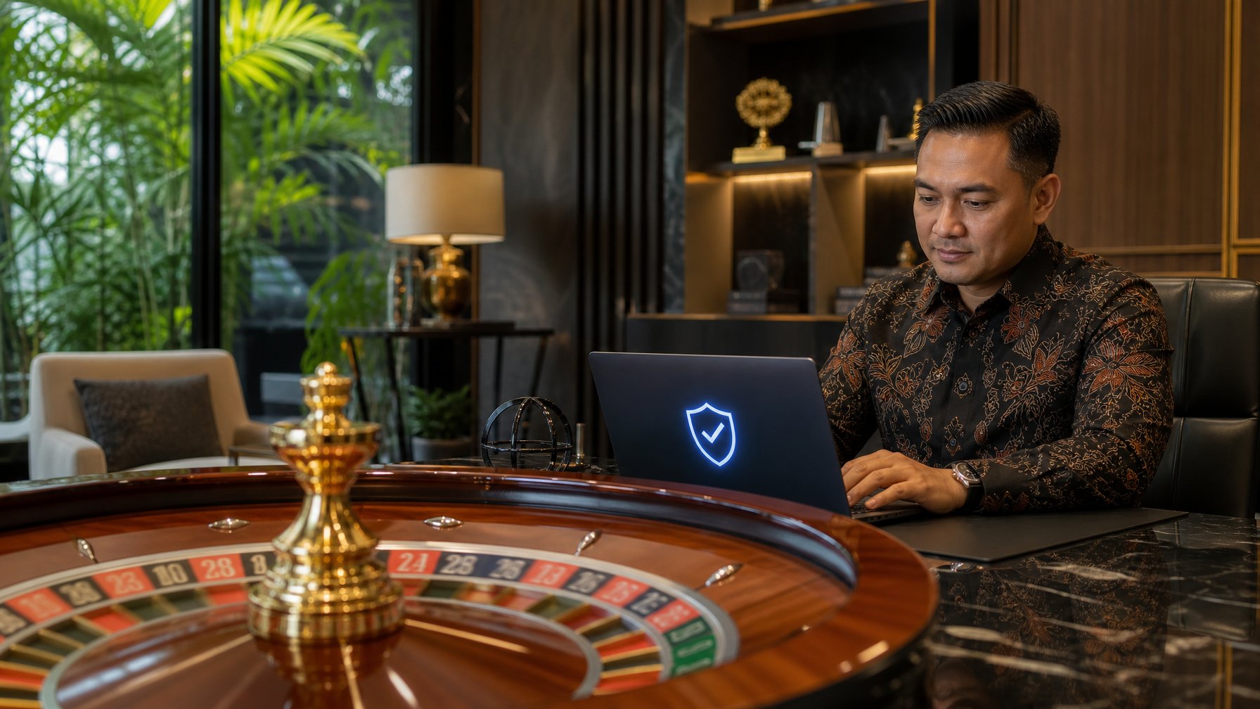 Seorang profesional Indonesia memeriksa platform digital yang aman di dekat meja roulette dalam ruang permainan modern.