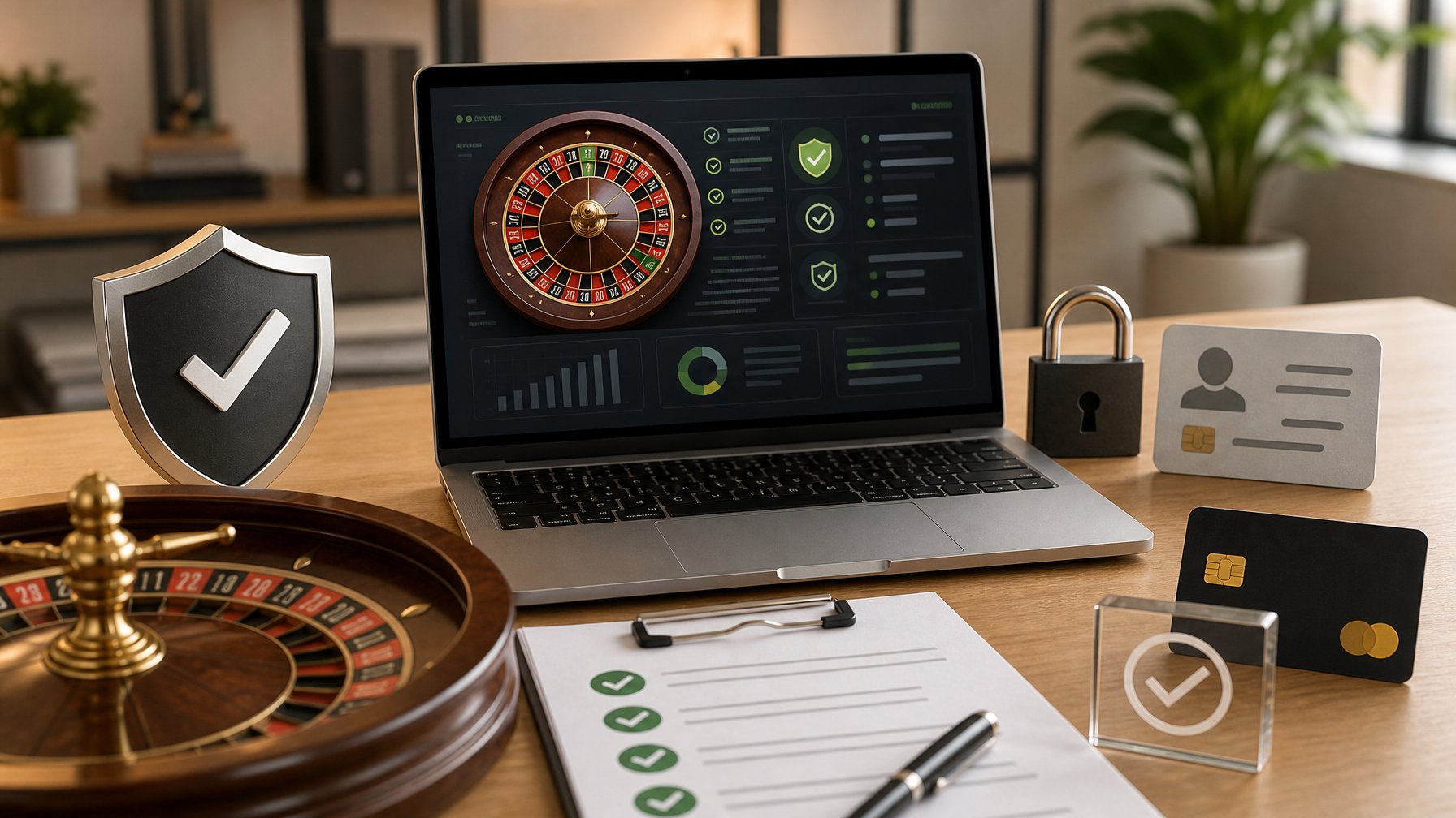 Laptop, roda roulette, dan simbol keamanan digital tersusun di atas meja kerja profesional.