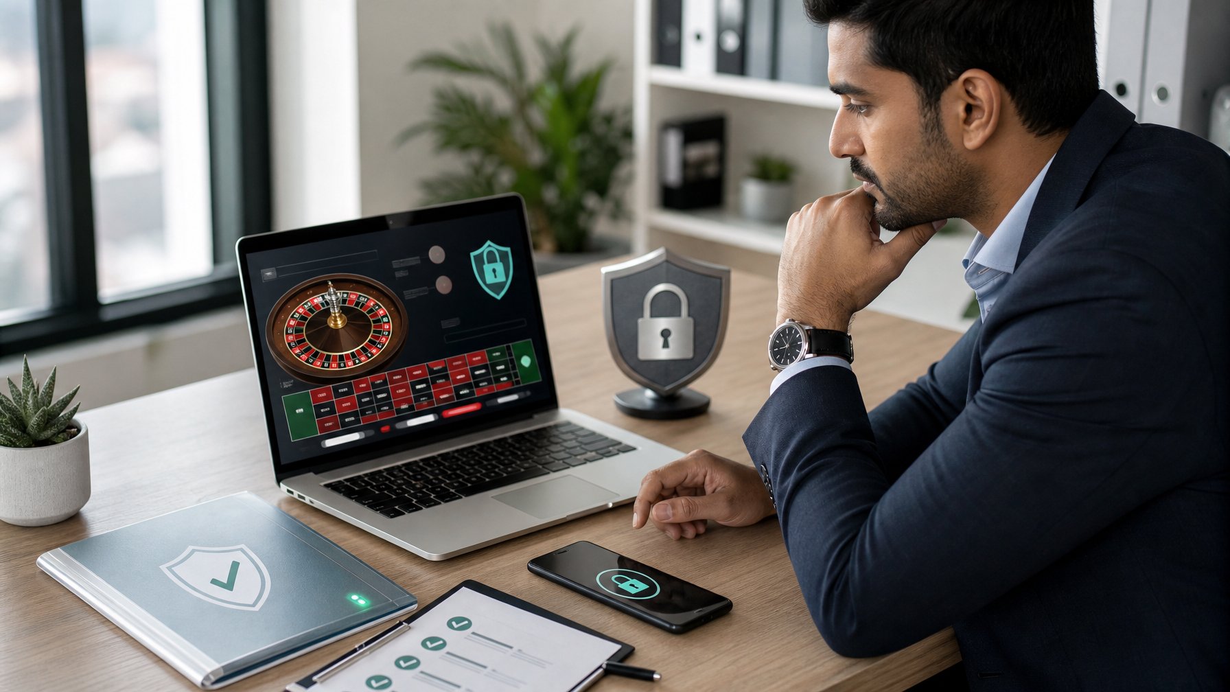 Seseorang memeriksa platform roulette daring dengan simbol keamanan dan daftar verifikasi di meja kerja.