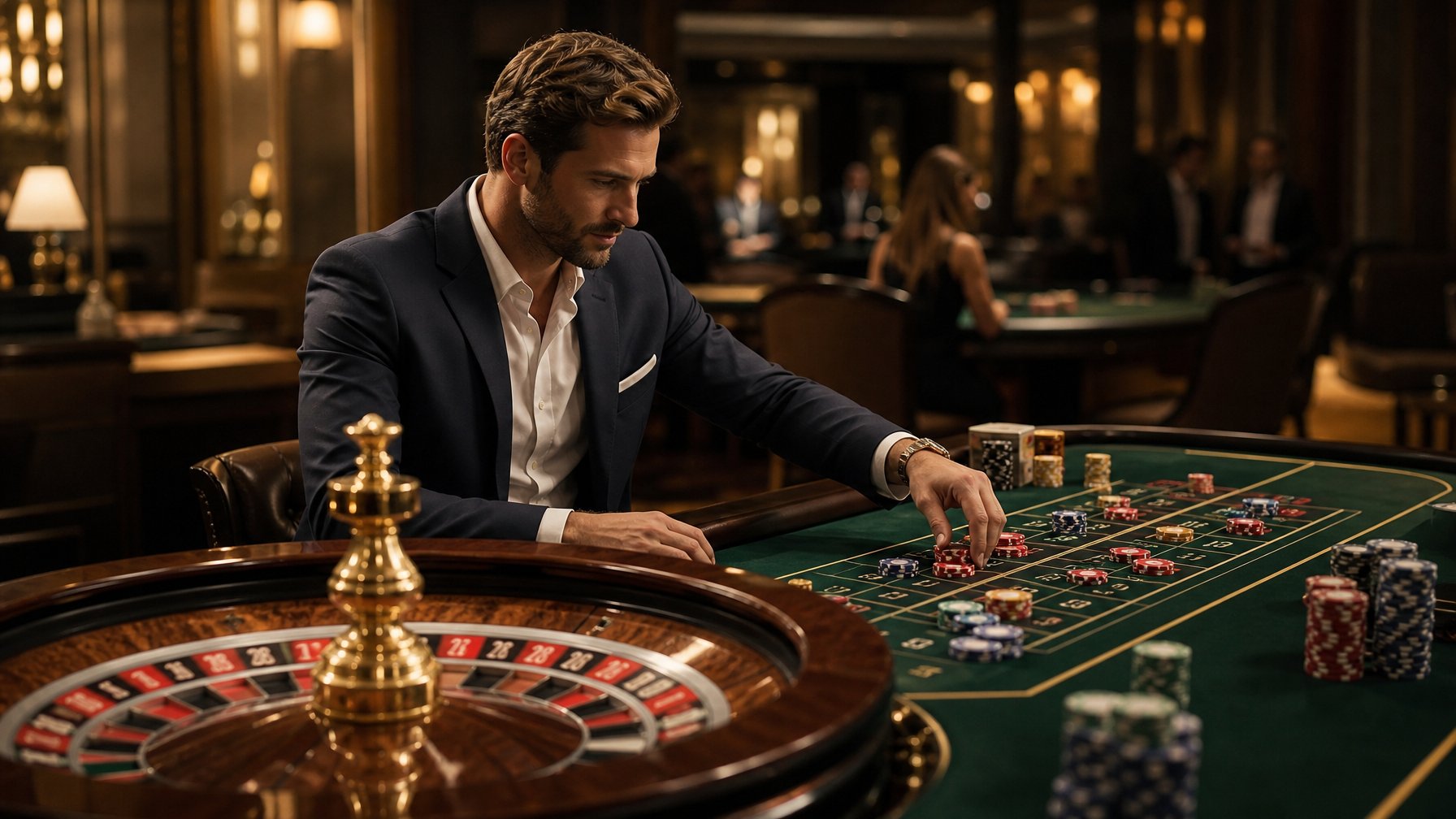 Seorang pemain dewasa menganalisis roda roulette dan susunan chip di meja kasino.
