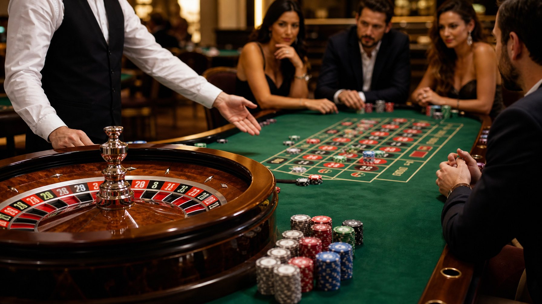 Meja roulette dengan roda permainan, keping taruhan, dan pemain yang mengamati tata letak meja.