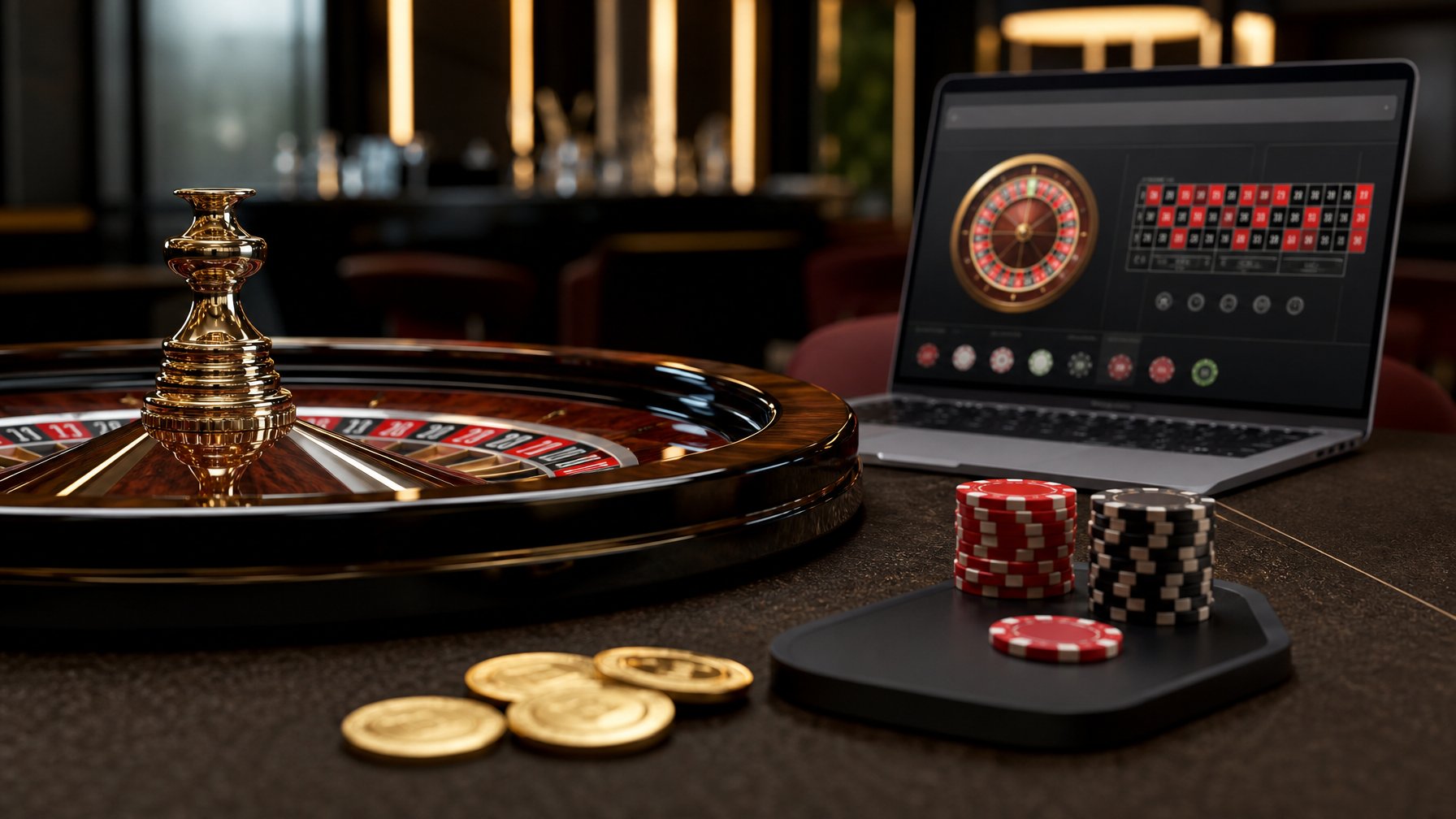 Roda roulette dengan keping taruhan merah dan hitam di lingkungan kasino modern.