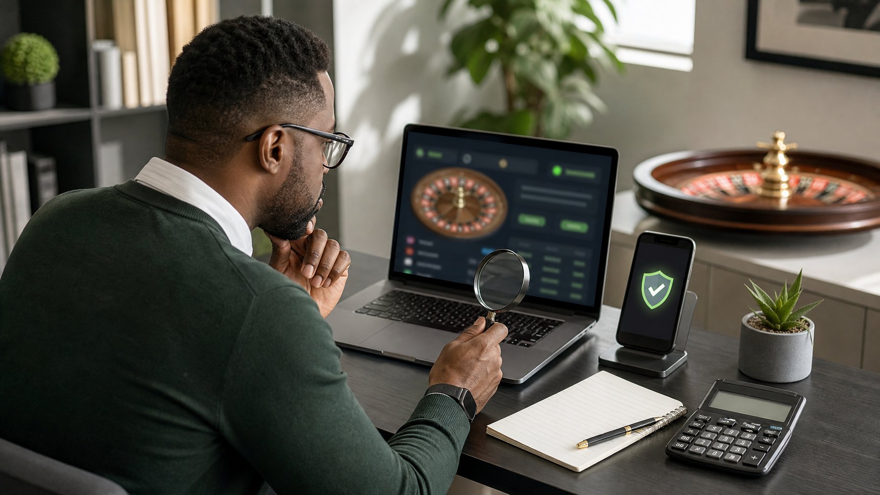 Seorang profesional memeriksa laptop dan ponsel dengan simbol keamanan di samping roda roulette.