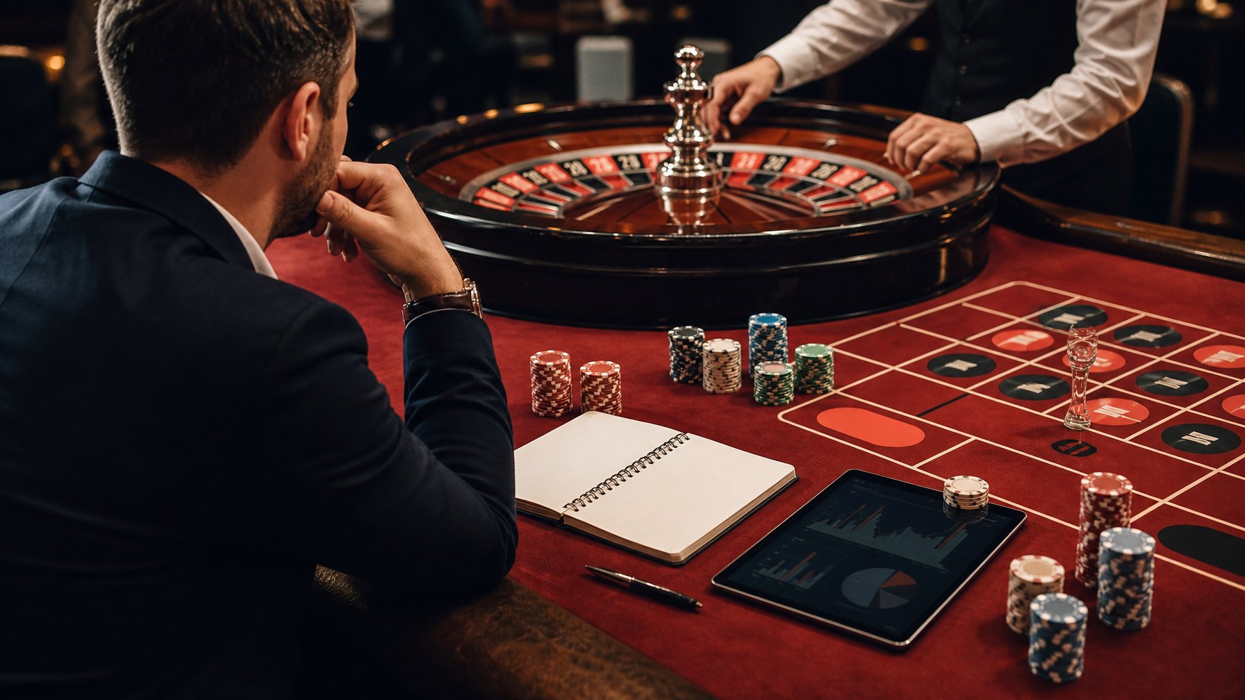 Pemain mengamati roda roulette dan susunan keping di meja kasino dengan cermat.