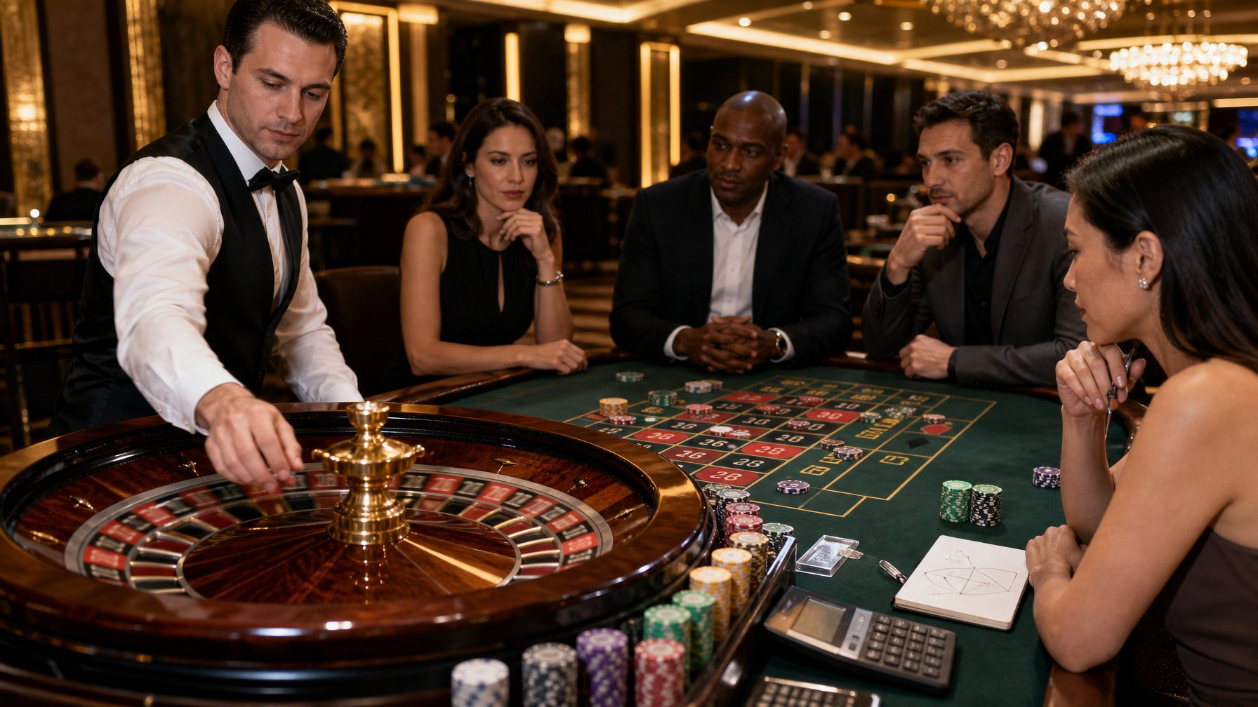 Croupier memutar roda roulette sementara beberapa pemain mengamati meja kasino dengan fokus.