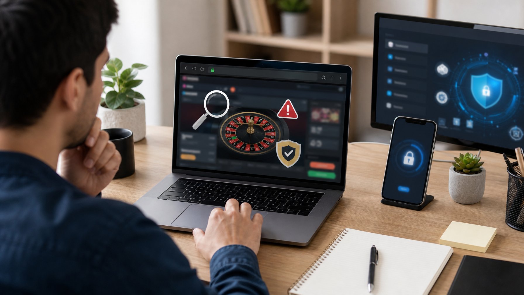 Seseorang memeriksa situs roulette mencurigakan di laptop dengan simbol peringatan dan keamanan digital.