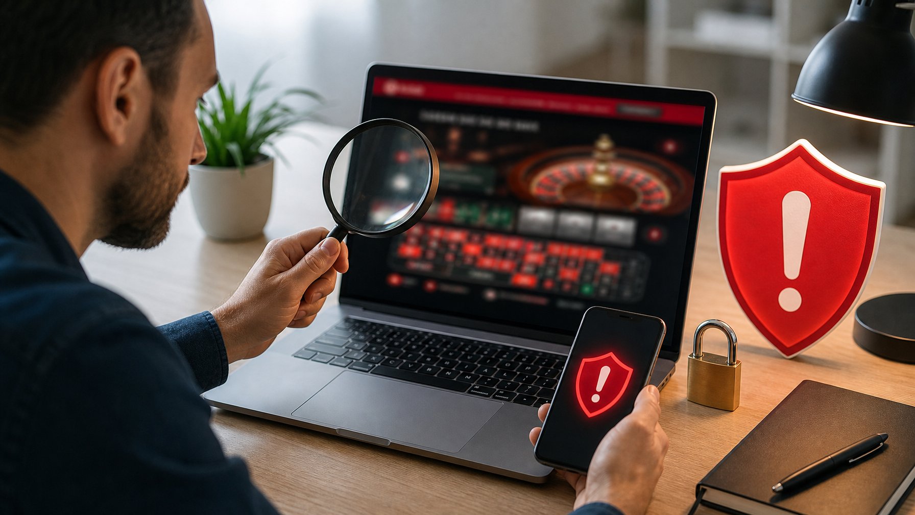 Seseorang memeriksa situs roulette di laptop dengan simbol peringatan keamanan dan perlengkapan pemeriksaan di meja.