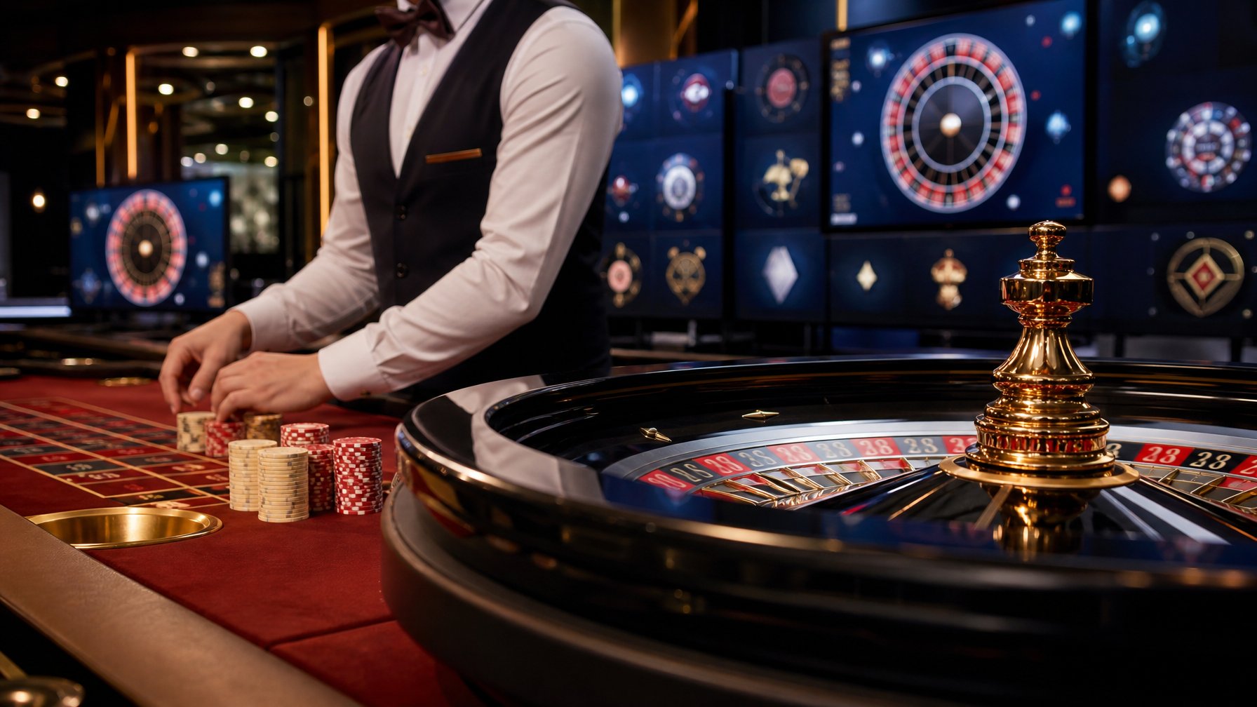 Meja roulette elegan dengan roda roulette, keping taruhan, dan layar permainan digital di latar belakang.