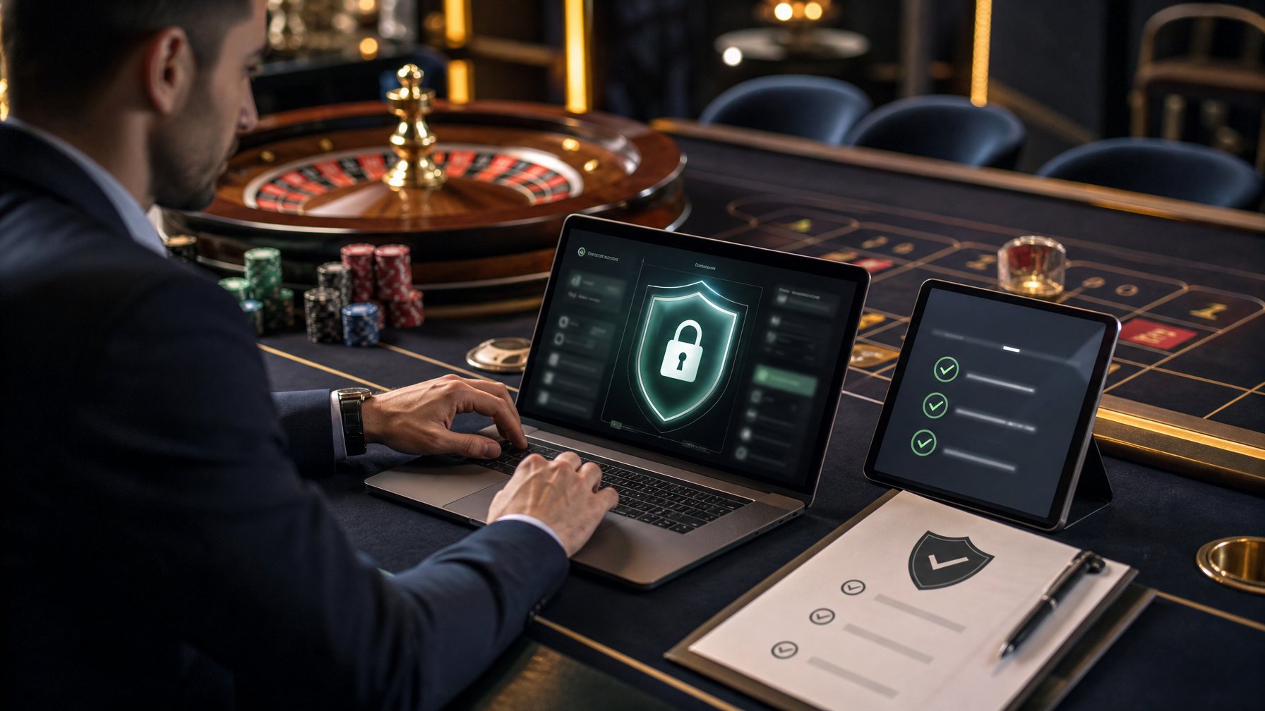 Seorang analis memeriksa keamanan platform roulette di samping meja roulette modern dengan laptop, tablet, dan simbol perlindungan.