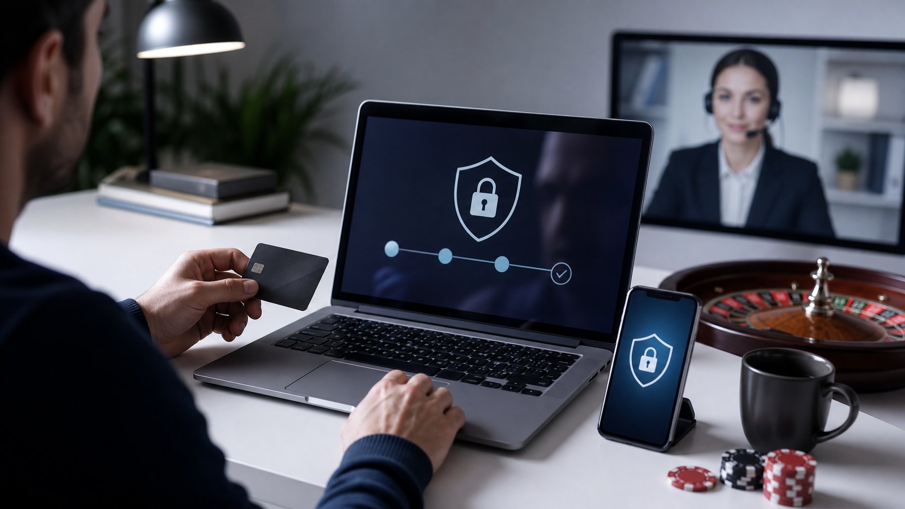 Seseorang memeriksa transaksi digital yang aman di laptop dengan simbol perlindungan dan elemen roulette di meja.